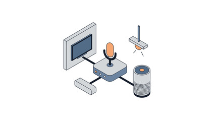 An isometric illustration of a smart home automation system with connected devices © Iwakwader