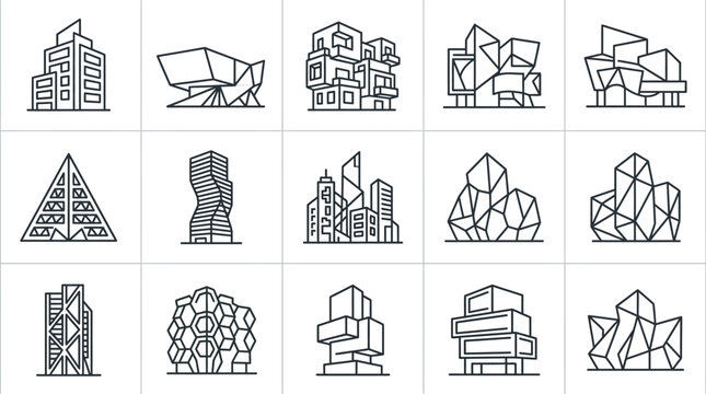 Avant-garde and deconstructivist architecture outline icons.