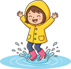 Cute cartoon girl in yellow raincoat and pink boots jumping in water puddle vector illustration