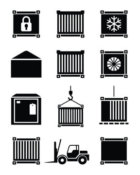 Shipping container icons set for logistics global transport cargo delivery port terminal freight industrial warehouse storage distribution handling vector elements