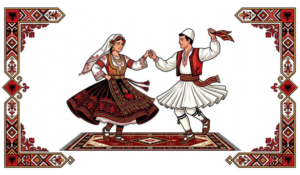 Traditional Albanian Folk Dancing Couple Vector Poster with Cultural Heritage Costume and Decorative Border