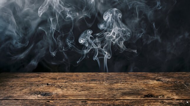 Dark smoke swirls above a wooden surface halloween atmosphere