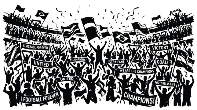 Black and white football stadium crowd silhouette, cheering soccer fans with flags and banners, sports championship celebration vector illustration