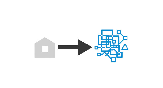 A simple house icon transforms into a complex digital network diagram