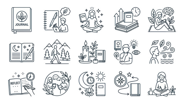 Mindfulness and journaling icons for personal growth and self care