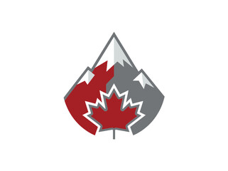 Obraz premium Minimalist Canadian Mountain Landscape Silhouette Emblem Featuring Iconic Red Maple Leaf Graphic Symbolism