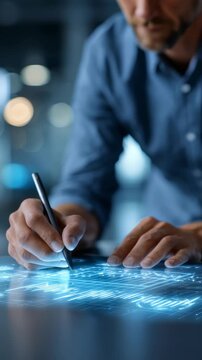 The image captures a close up of hands manipulating a digital hologram with a stylus, symbolizing advanced technology and creativity. The background is blurred, emphasizing the high tech atmosphere