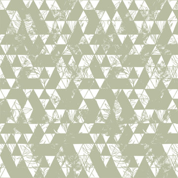Seamless geometric pattern with abstract floral elements, sage green and white triangles