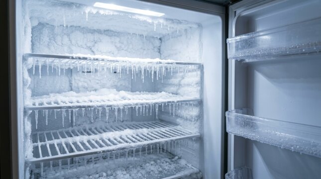 Interior View of an Empty Home Refrigerator Freezer Covered in Thick White Frost and Hanging Icicles Due to Technical Malfunction or Defrosting Issue