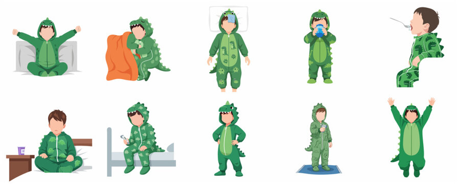Cute toddler boy in green dinosaur onesie pajama set, child characters experiencing sickness, fever, and daily routines vector illustration