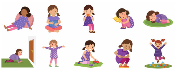 Fototapeta premium Cartoon little girl character set showing various emotions and daily activities including happiness, sadness, pain, and playing