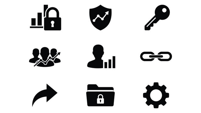 Data analytics security icons set for business intelligence and privacy solutions
