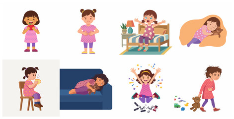 Fototapeta premium Set of cute cartoon little girl character illustrations showing various daily activities, emotions, and health conditions such as eating, sleeping, feeling sick, and jumping with joy