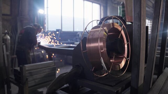 A workshop scene with a metalworker using a welding machine. Sparks fly as the worker focuses on the task. Tools and machinery are visible in the background.