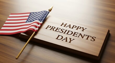 US flag stands near a wooden sign with "Happy Presidents Day" text