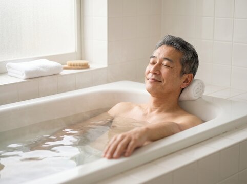 浴槽に入る高齢男性