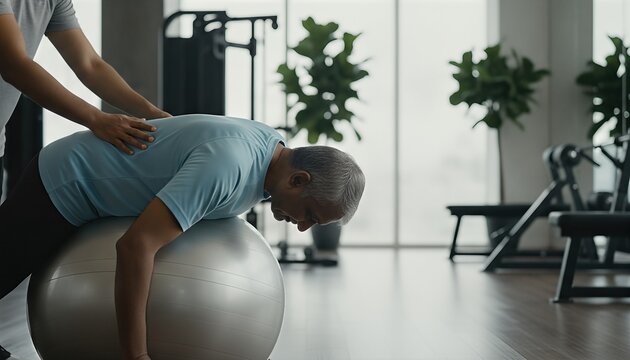 Senior man performing core stability exercises on a silver fitness ball assisted by a professional trainer in a bright studio