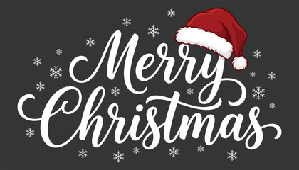 Merry christmas greeting with santa hat and snowflakes on dark background © firoz
