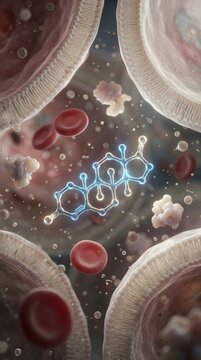 Ultra detailed photorealistic scientific macro scene featuring a Testosterone hormone molecule traveling through a healthy female cellular environment inspired by realistic human anatomy intricate mol