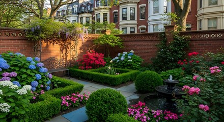Obraz premium Beautiful Urban Garden with Colorful Flowers and Greenery in Residential Neighborhood.