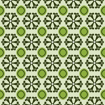 Green geometric floral and circle seamless pattern on a light background. 