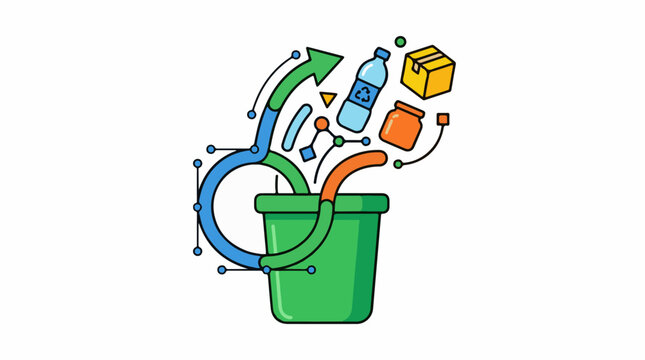 Colorful recycling process illustrated with a bin and ascending objects