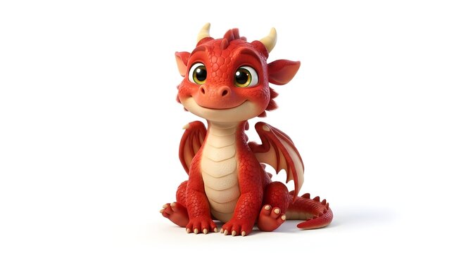 Cute baby red dragon sitting isolated on white background
