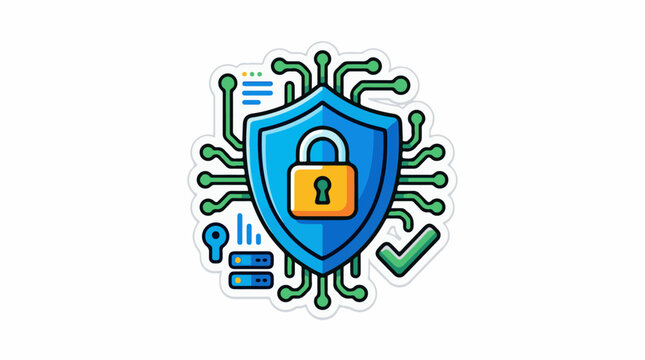 Colorful shield with a padlock surrounded by circuit board elements and symbols
