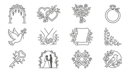 Obraz premium Marriage icons with rings, doves and scrolls.