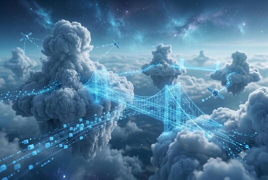 Futuristic Digital Bridge Connecting Clouds with Data Streams and Stars