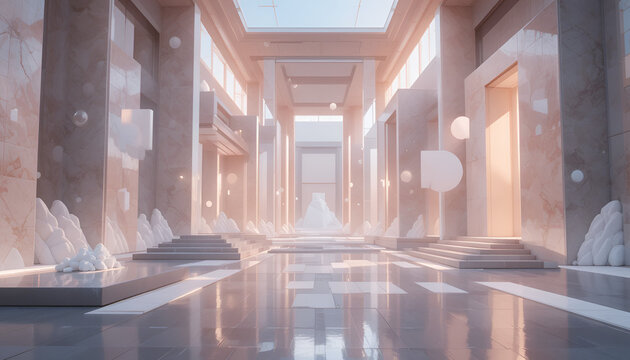 Futuristic interior with marble columns