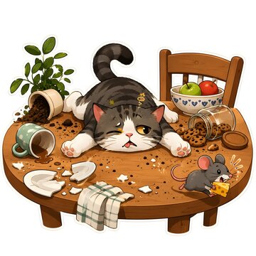 A cute modern digital illustration featuring an exhausted cat sprawled across a messy kitchen table after unsuccessfully chasing a mouse in its owner's kitchen.
