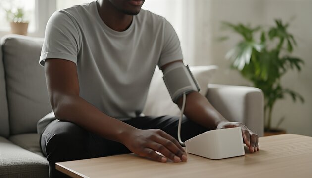 Young man monitoring blood pressure at home in a bright, modern living room, emphasizing personal health and proactive wellness management