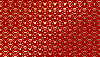 Luxury japanese seigaiha wave pattern in red and gold, seamless traditional geometric background, perfect for lunar new year celebrations and festive designs. © mei