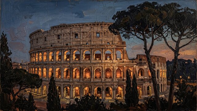 Roman Colosseum at Sunset The Eternal City Evening Materic Impasto Oil Painting Fine Art