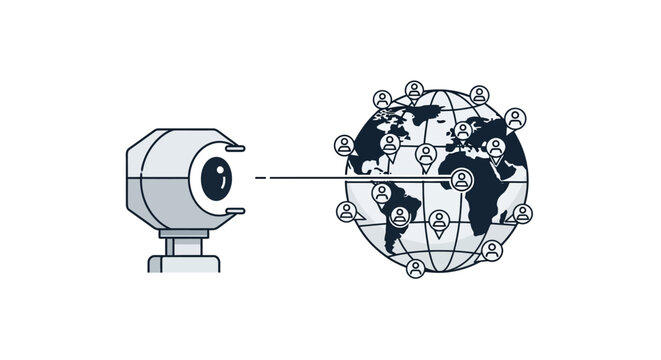 A robotic camera monitors a global network of connected people on a digital globe