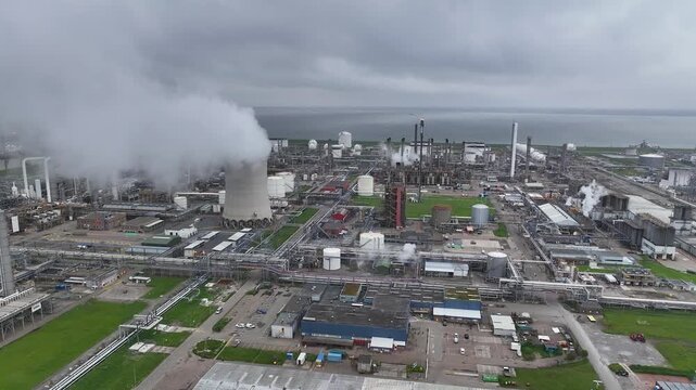 Aerial view of a chemical plant at sunset. Drone shot. Curling fire and cumin smoke filling the sky. Smoking chimneys from the factory. Chimneys of an oil refinery at sunrise pollute the environment