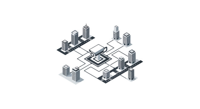 An isometric illustration of a central security camera monitoring a city network