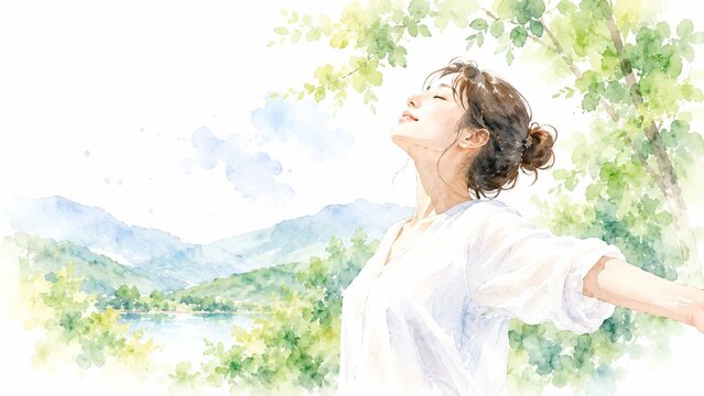 新緑の中で両手を広げ深呼吸する女性、水彩画で描かれた心安らぐ自然の風景