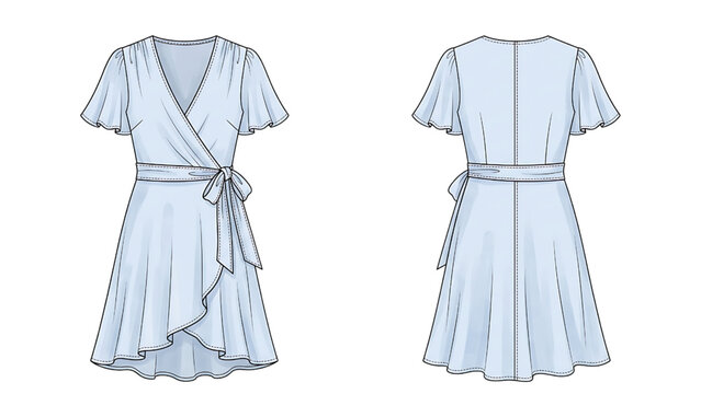 Women's Wrap Dress Fashion Technical Flat Template for Apparel Development, Pattern Making and Garment Production Vector Specification Sheet