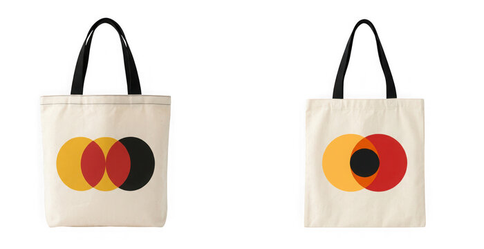 Two fabric tote bags with geometric circle patterns isolated on transparent background