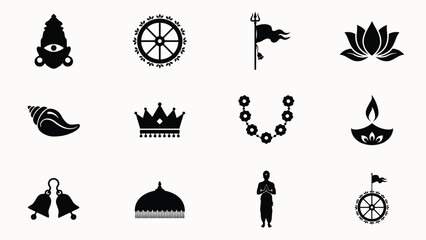 Naklejka premium Elegant black and white icon set showcasing spiritual and cultural symbols for meditation rituals
