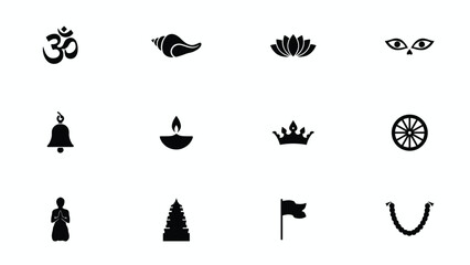 Obraz premium Minimalist black and white icons depicting spiritual symbols and cultural motifs arranged in a clean 4x3 grid