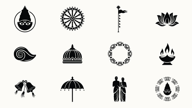 Elegant black and white symbolic icons collection featuring spiritual motifs like dharma wheel lotus temple and ceremonial elements for cultural branding