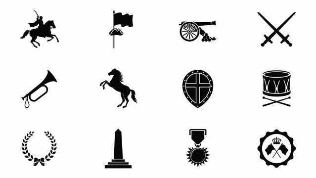 Elegant black and white historical symbols collection featuring cavalry flags shields and military insignias for heritage branding