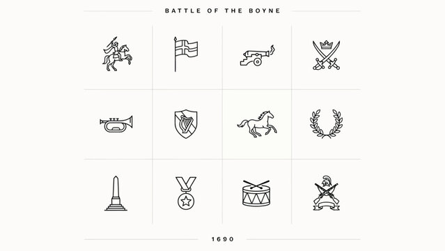 Historical military icon collection featuring symbols of cavalry artillery infantry and heraldry from a 17th century battle
