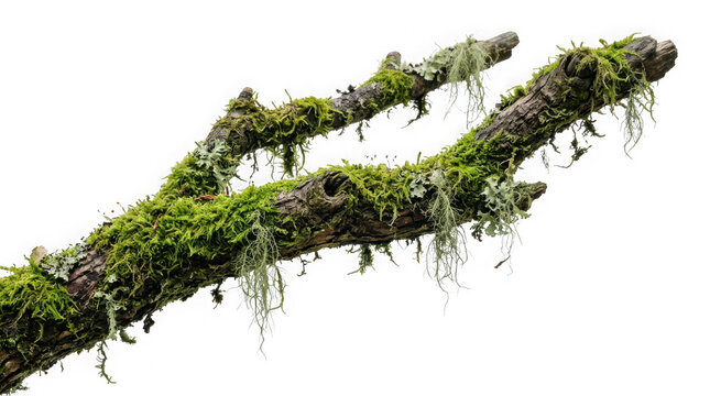 Old tree branch covered with green moss and hanging lichens isolated on transparent background