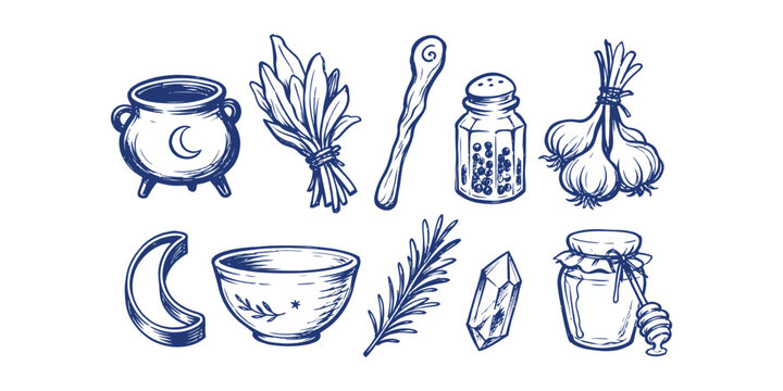 witchcraft and magic potion element occult ritual doodle icon set vector illustration