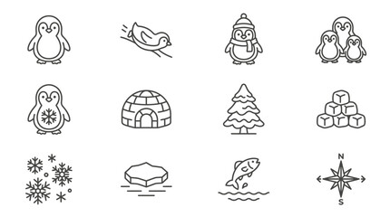 Minimal penguin and arctic nature line icons. © anjaymabar