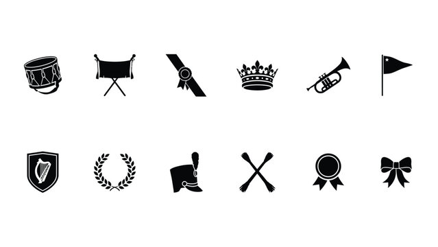 Elegant black and white vector icons celebrating victory achievement and festive traditions in minimalist style